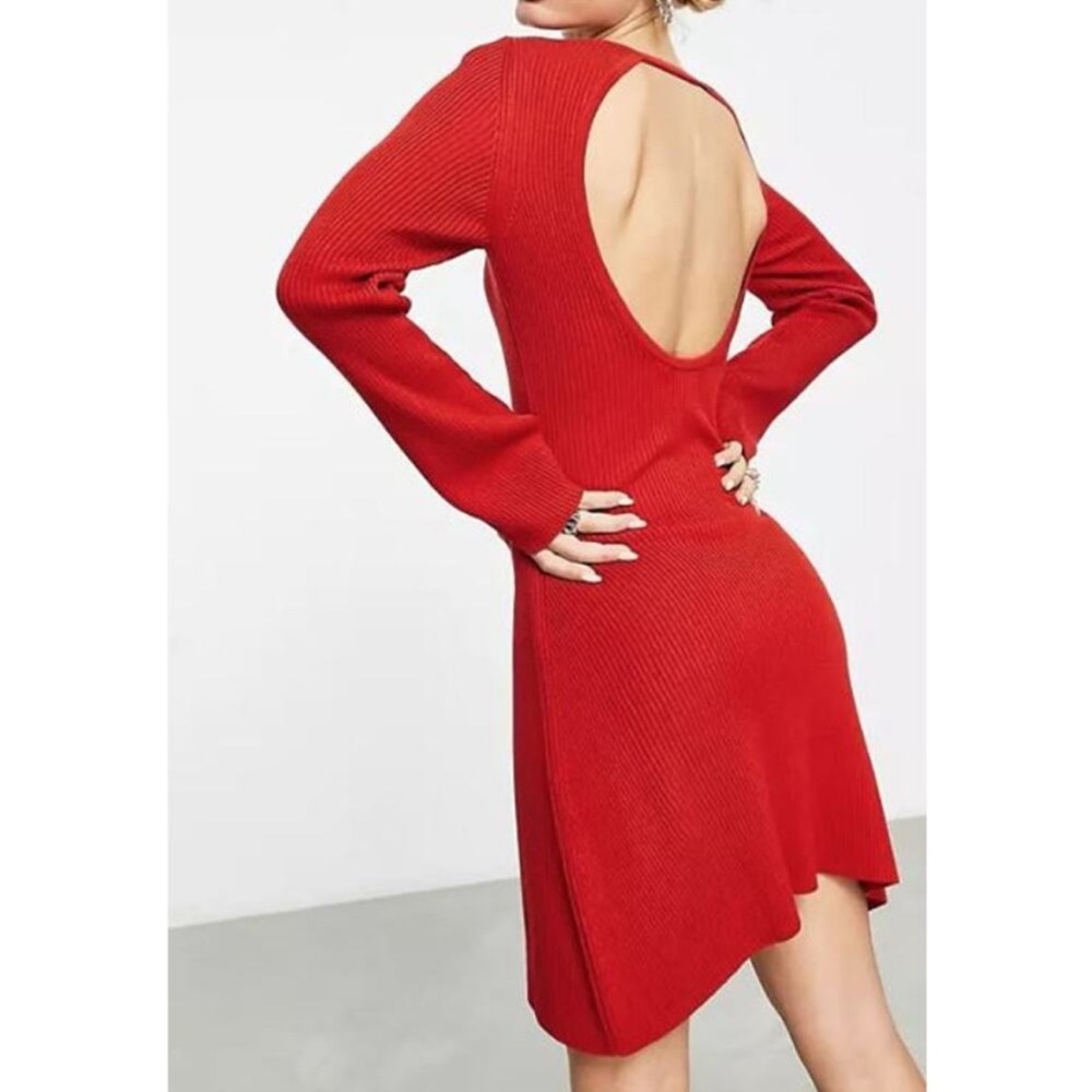 NEW ASOS DESIGN Knitted Fit and Flare Mini Dress with Open Back in RED-size 8